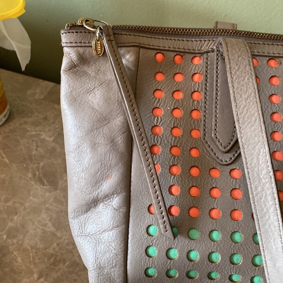 5/$30 Fossil Leather Zippered Gray/Mint/Orange Bag 12"W x 5 1/2"D x 11" T - Picture 5 of 15